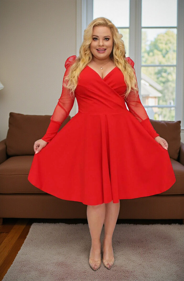 Sukienka Jessica rozkloszowana rękawy z tiulu bufki czerwona