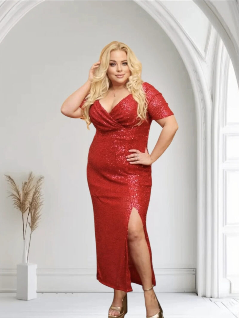 Sukienka Golden maxi ołówkowa cekinowa kopertowy dekolt CEKINY czerwona