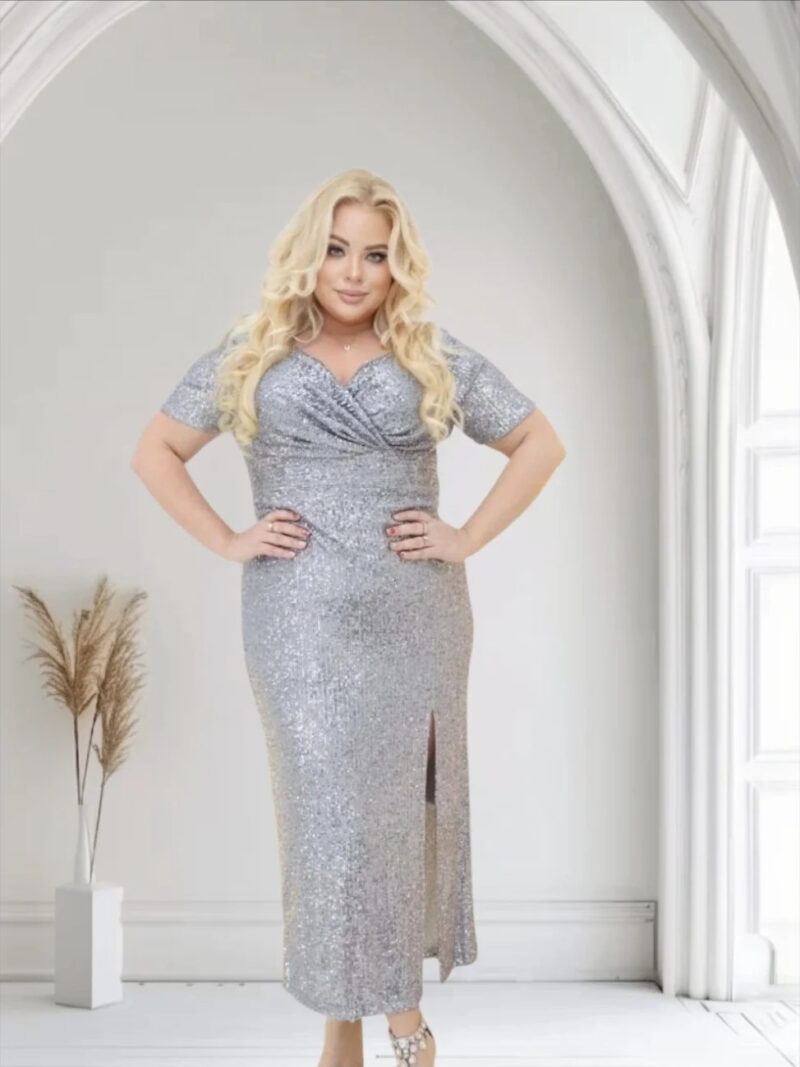 Sukienka Golden maxi ołówkowa cekinowa kopertowy dekolt CEKINY srebrna