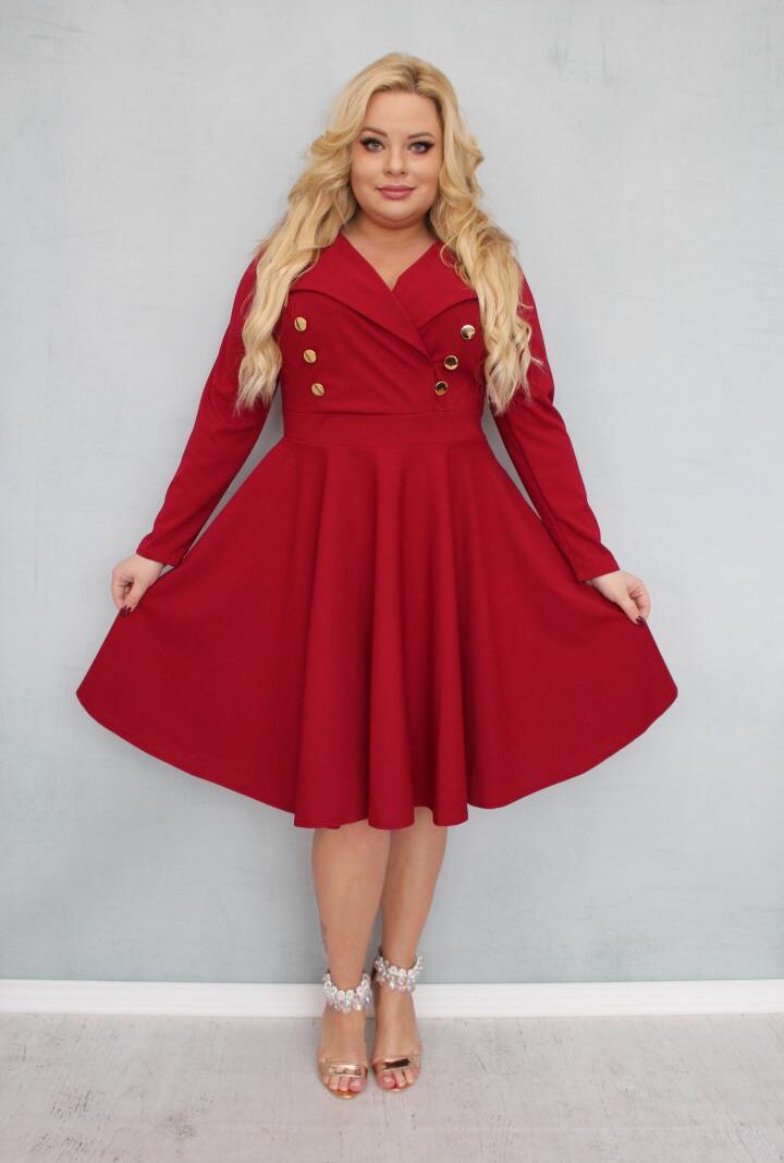 Sukienka Paula rozkloszowana złote guziki marynarka bordowa