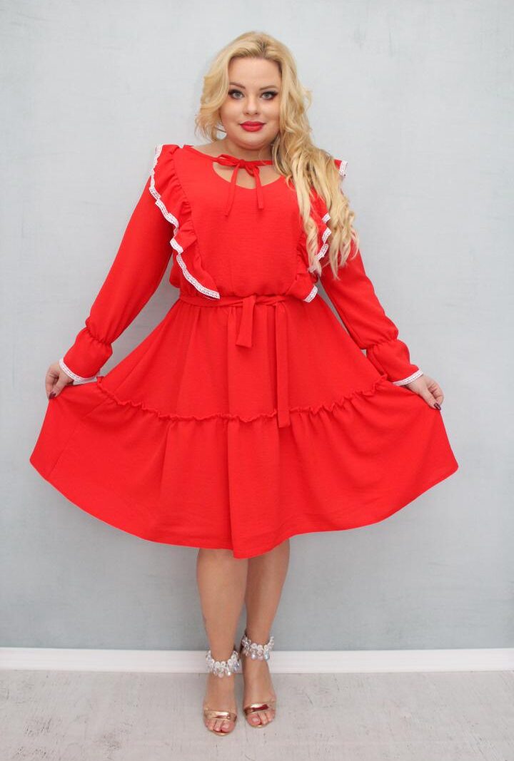Sukienka Liliana rozkloszowana falbanki bawełniana taśma koronkowa BOHO czerwona