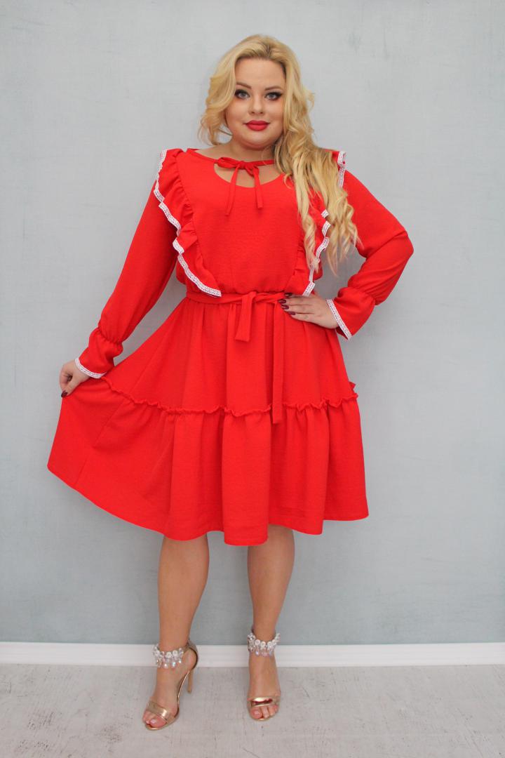 Sukienka Liliana rozkloszowana falbanki bawełniana taśma koronkowa BOHO czerwona - obrazek 4