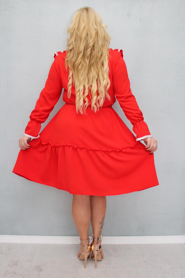 Sukienka Liliana rozkloszowana falbanki bawełniana taśma koronkowa BOHO czerwona - obrazek 6