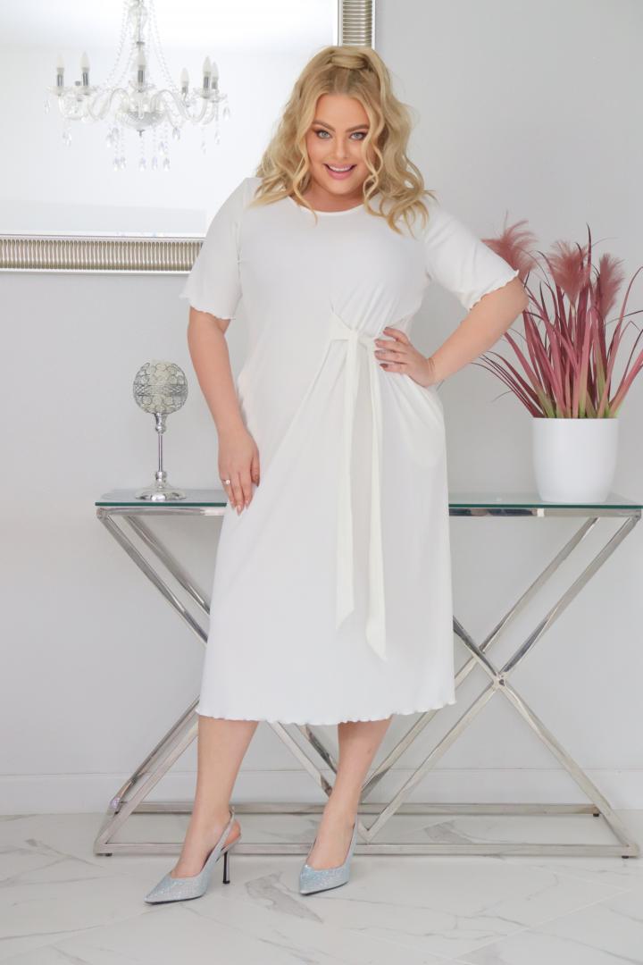 Sukienka Natasza rozkloszowana midi dzianina wiązana w pasie ecru