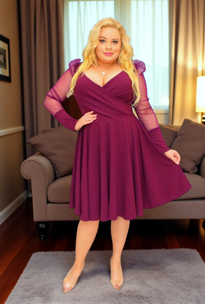 Sukienka Jessica rozkloszowana rękawy z tiulu bufki fiolet