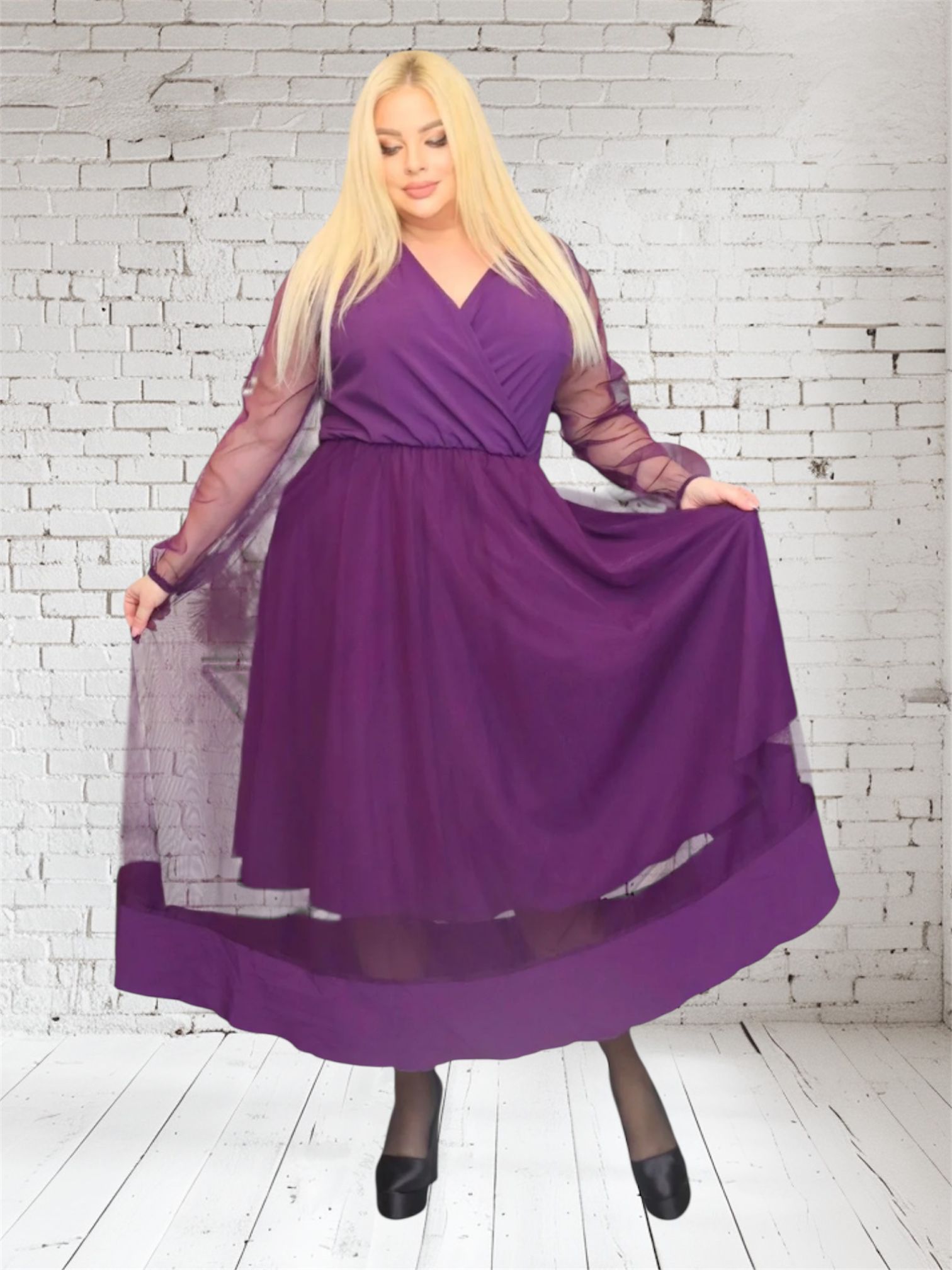 Sukienka Korina lekka zwiewna rozkloszowana fioletowa tiul - obrazek 3