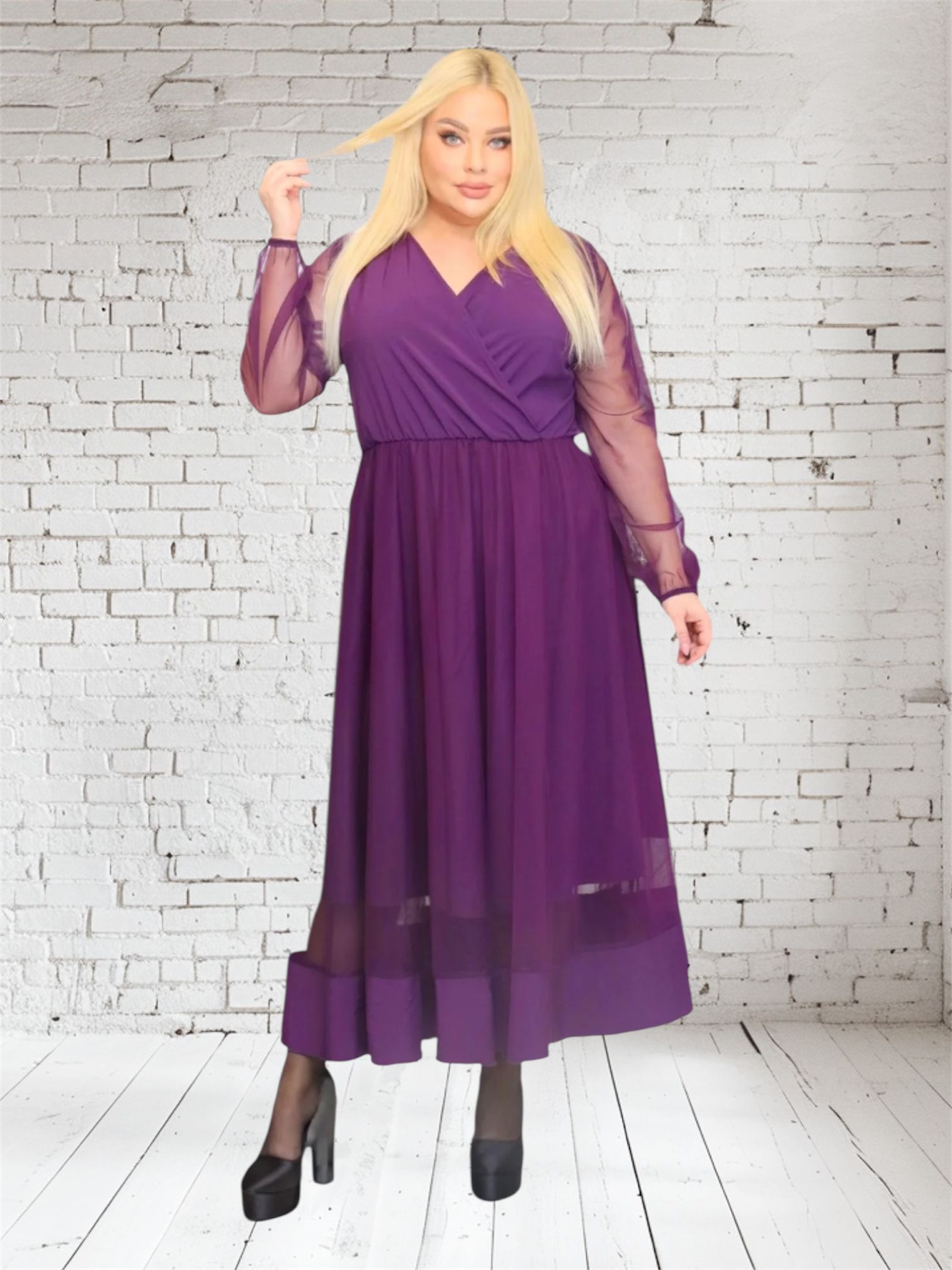 Sukienka Korina lekka zwiewna rozkloszowana fioletowa tiul - obrazek 4