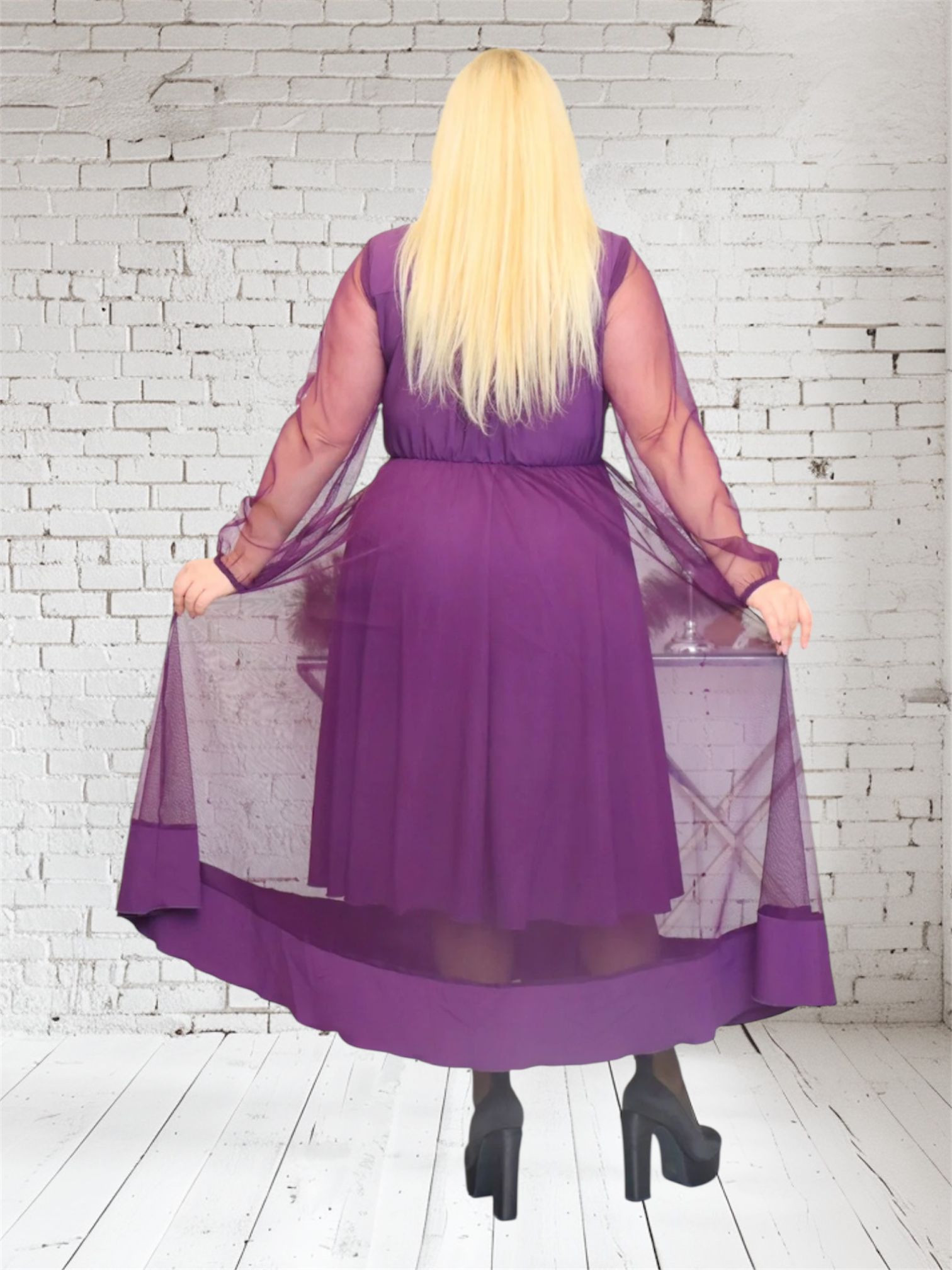 Sukienka Korina lekka zwiewna rozkloszowana fioletowa tiul - obrazek 5