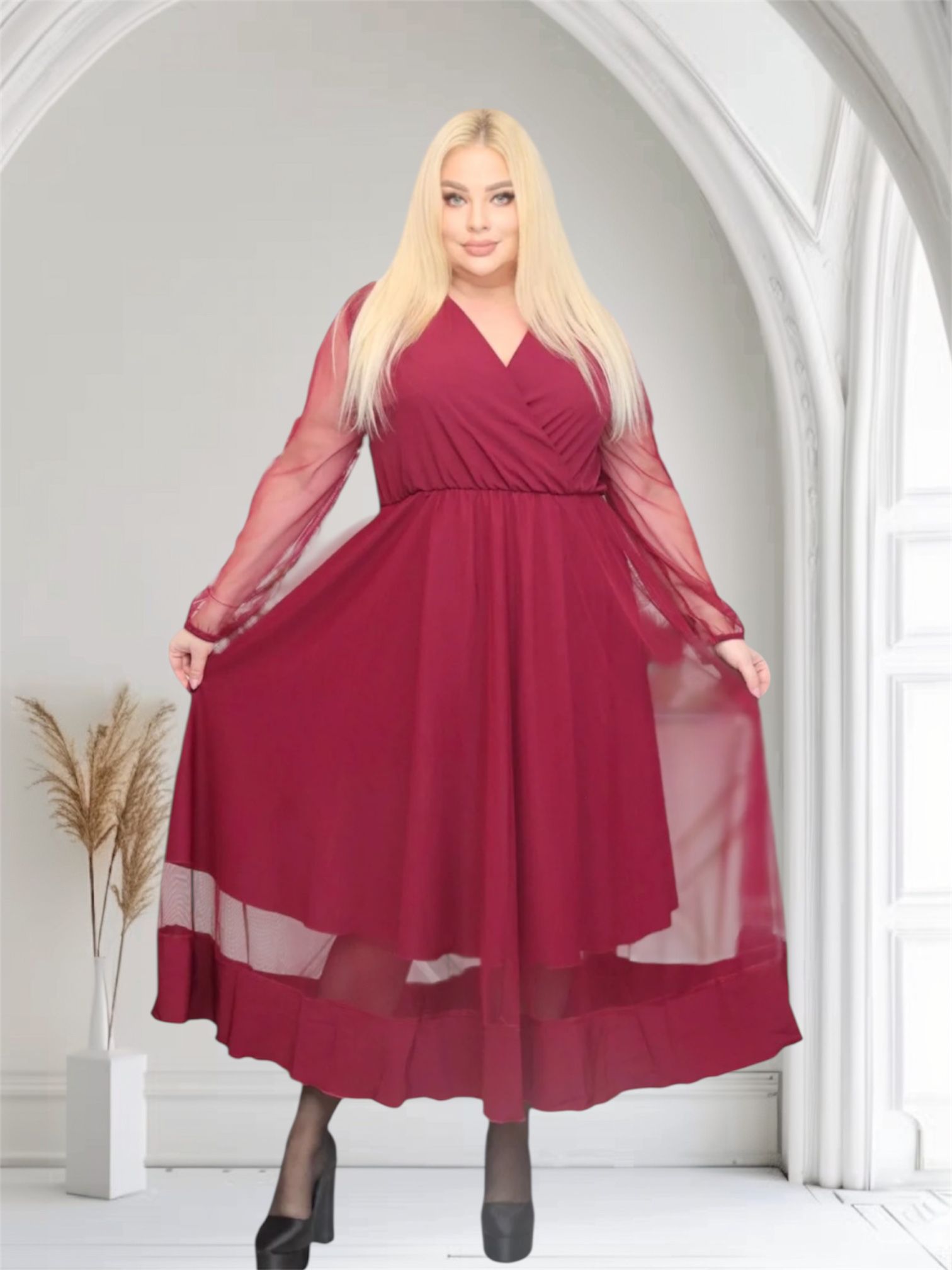 Sukienka Korina lekka zwiewna rozkloszowana bordowa tiul - obrazek 3