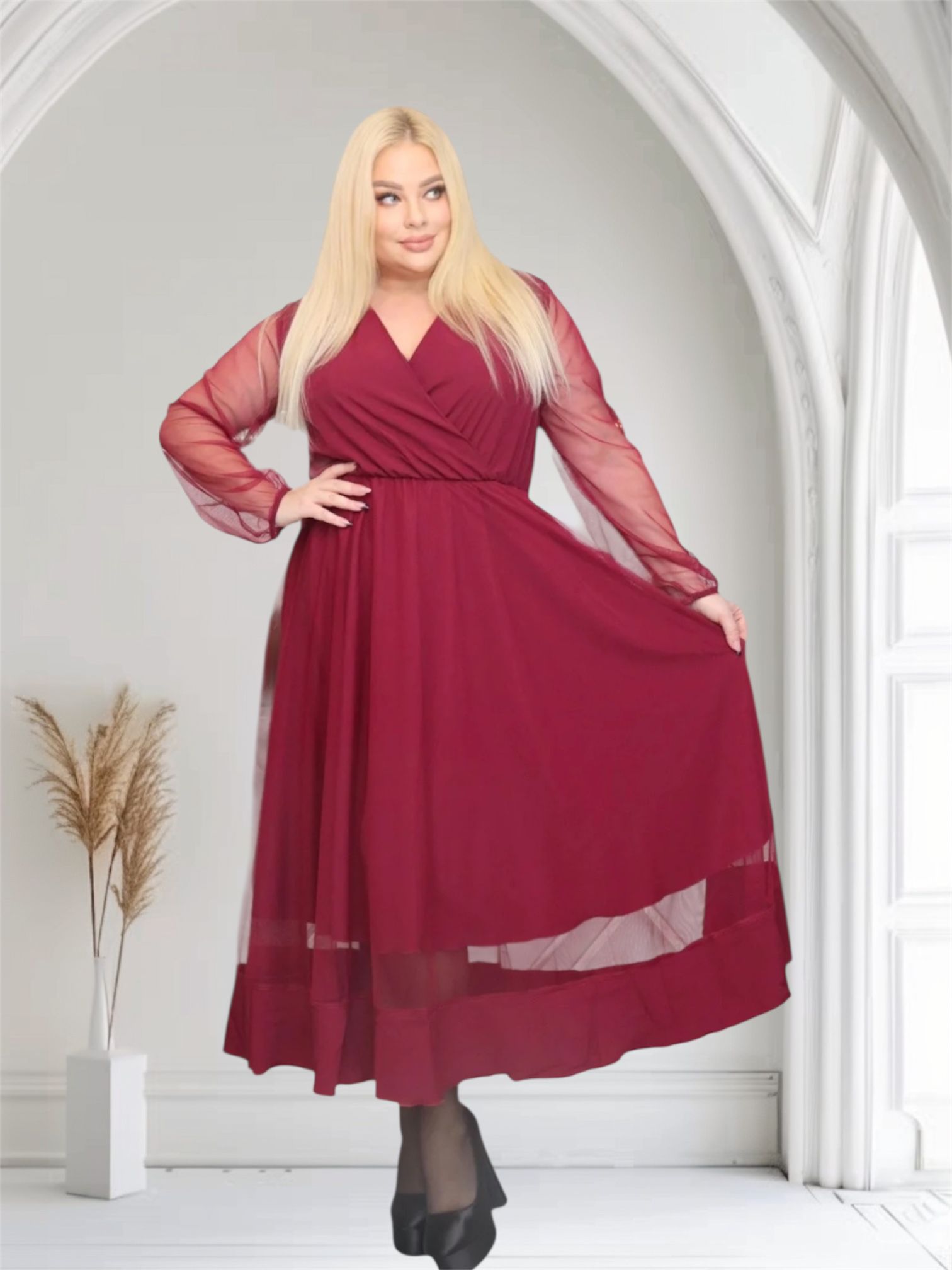 Sukienka Korina lekka zwiewna rozkloszowana bordowa tiul - obrazek 4