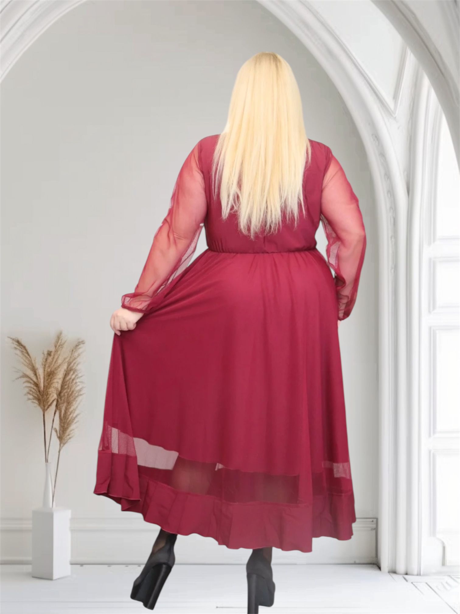 Sukienka Korina lekka zwiewna rozkloszowana bordowa tiul - obrazek 5