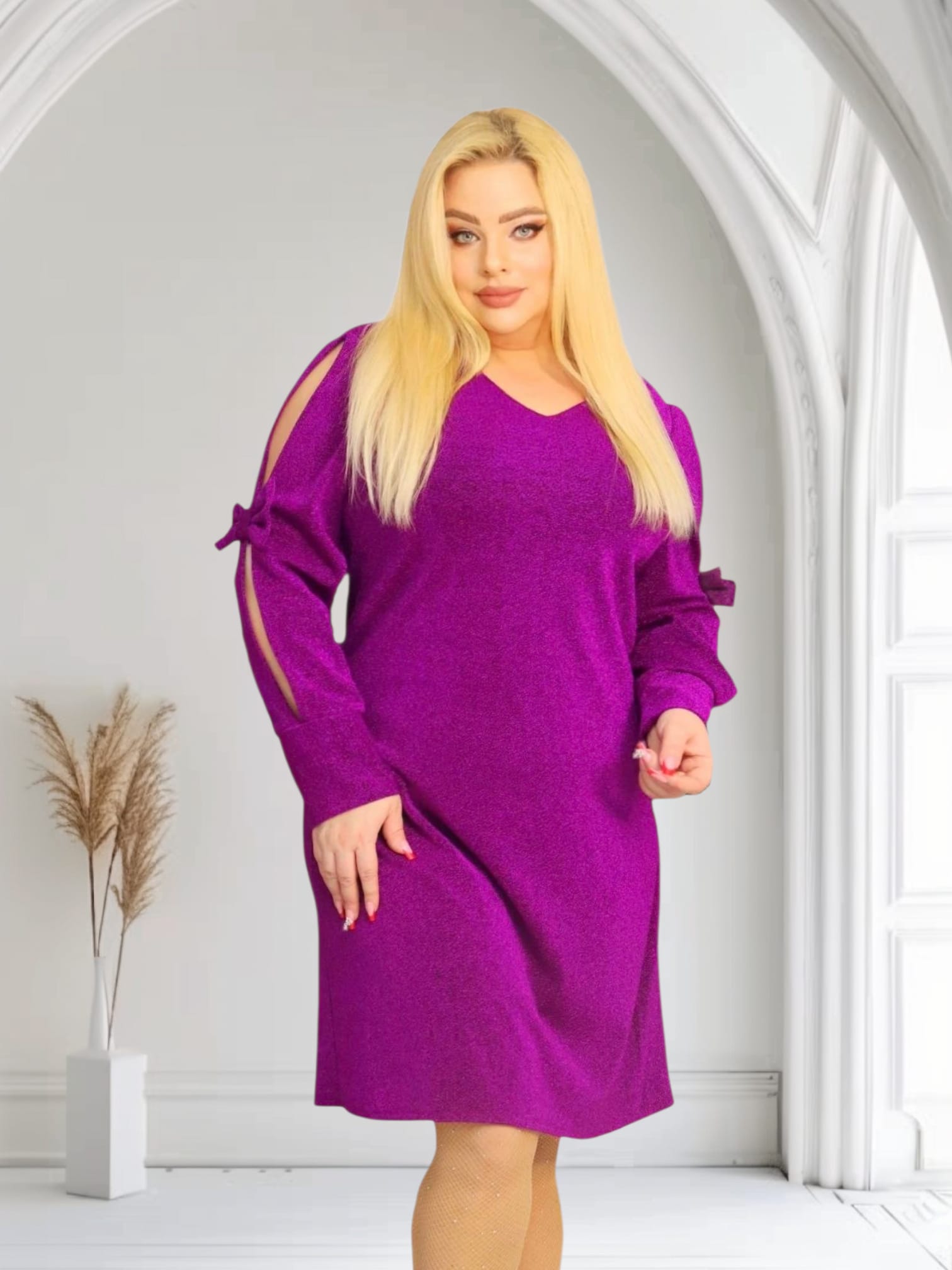 Sukienka Anja trapezowa rozcięte rękawy z kokardkami brilliance fioletowa - obrazek 3