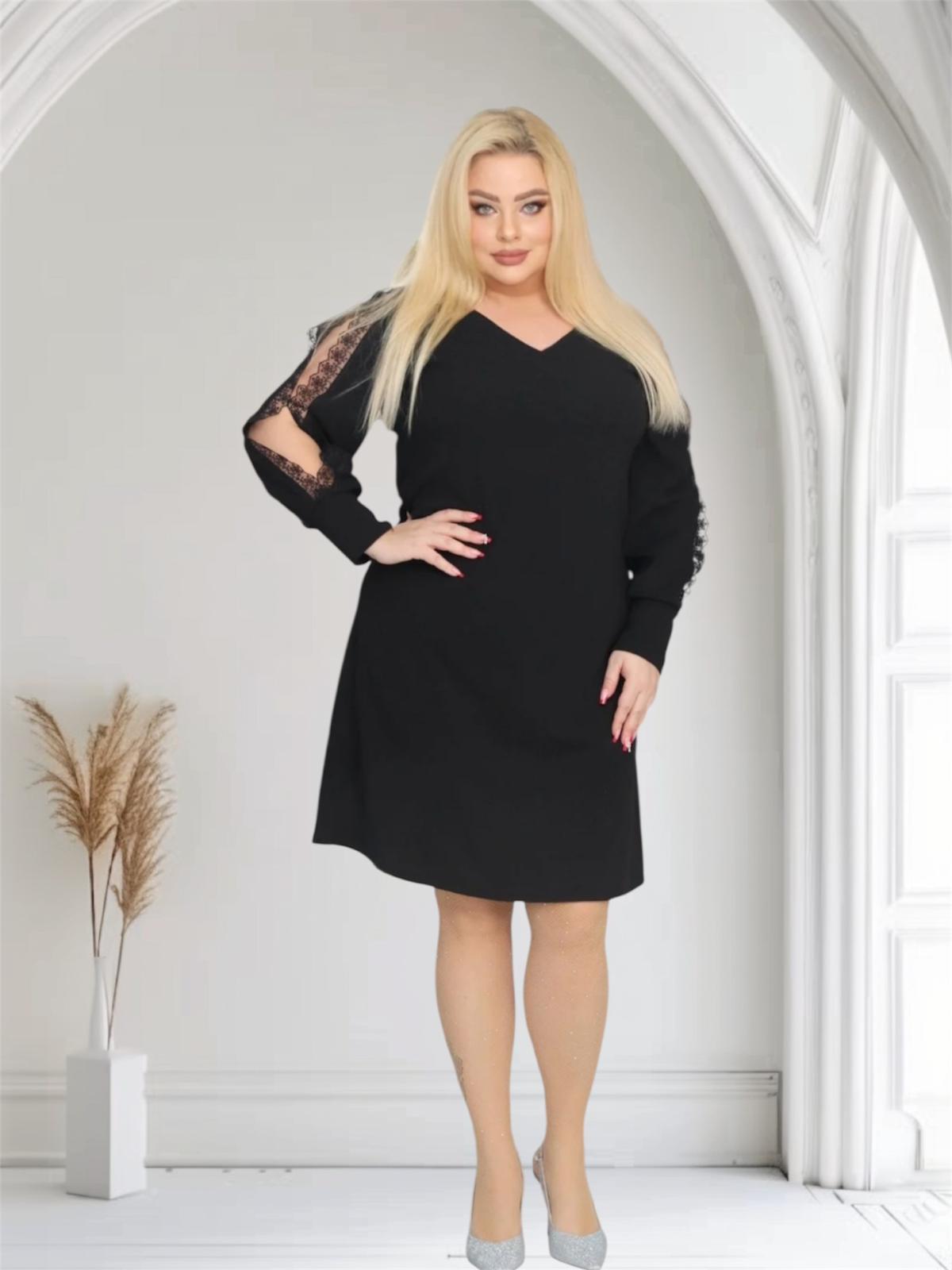 Sukienka Otavia trapezowa rozcięte rękawy koronka czarna - obrazek 3