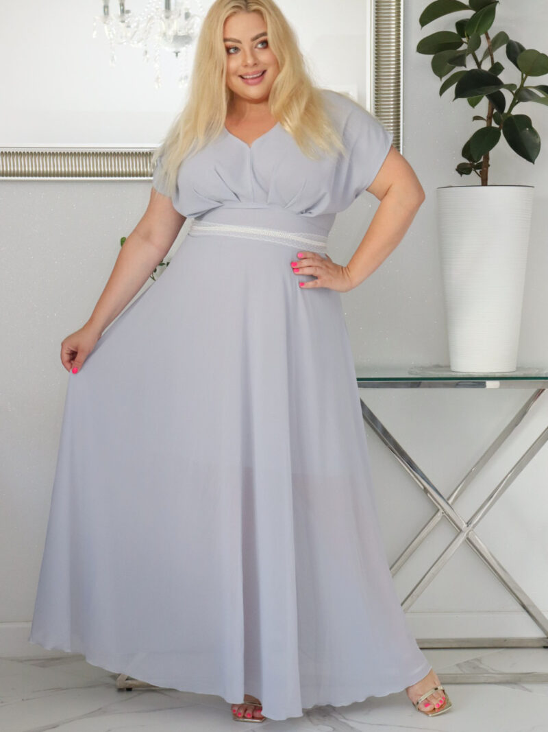 Sukienka MELISA rozkloszowana long wieczorowa dekolt zakładki POPIEL