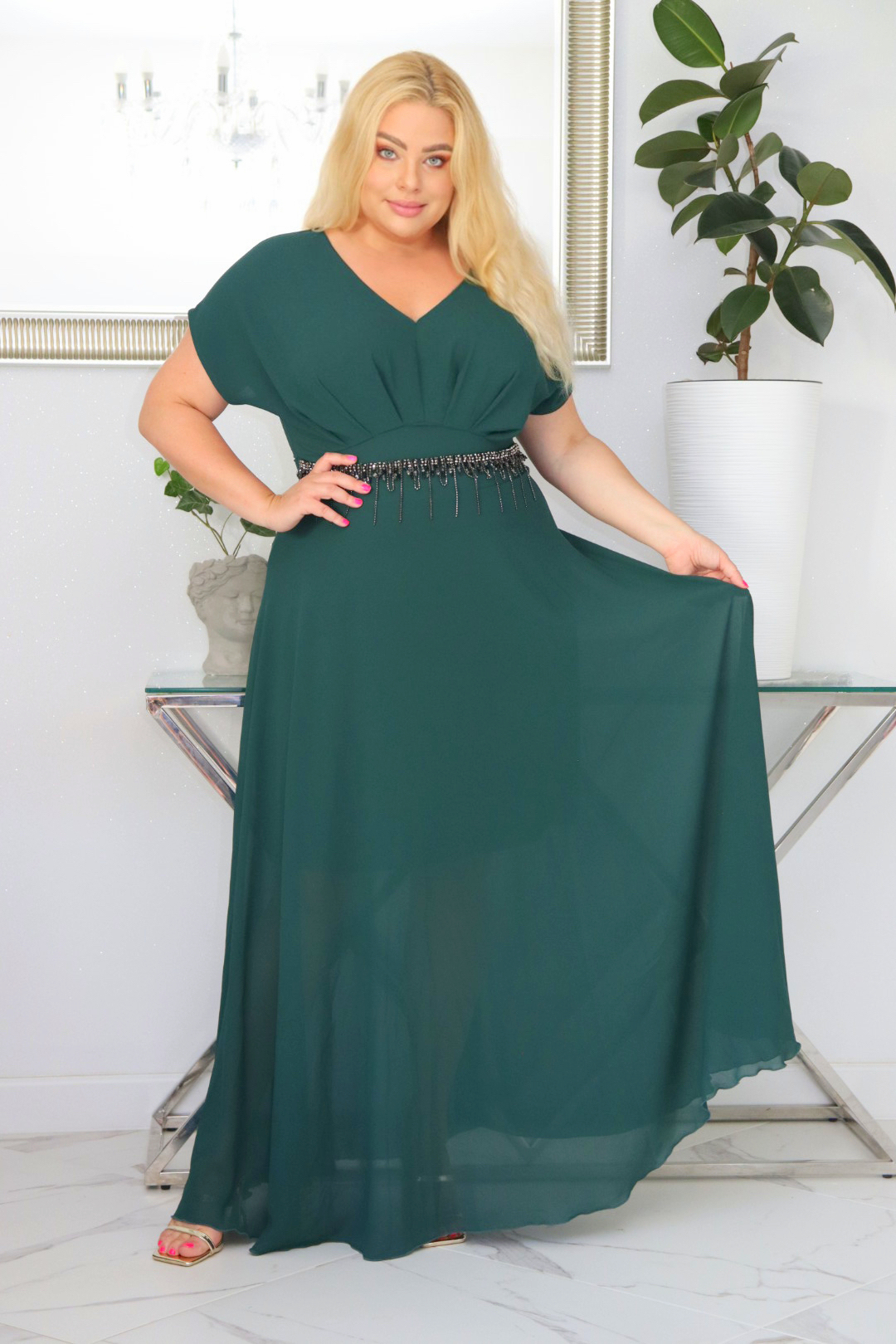 Sukienka MELISA rozkloszowana long wieczorowa dekolt zakładki BUTELKOWA ZIELEŃ - obrazek 3