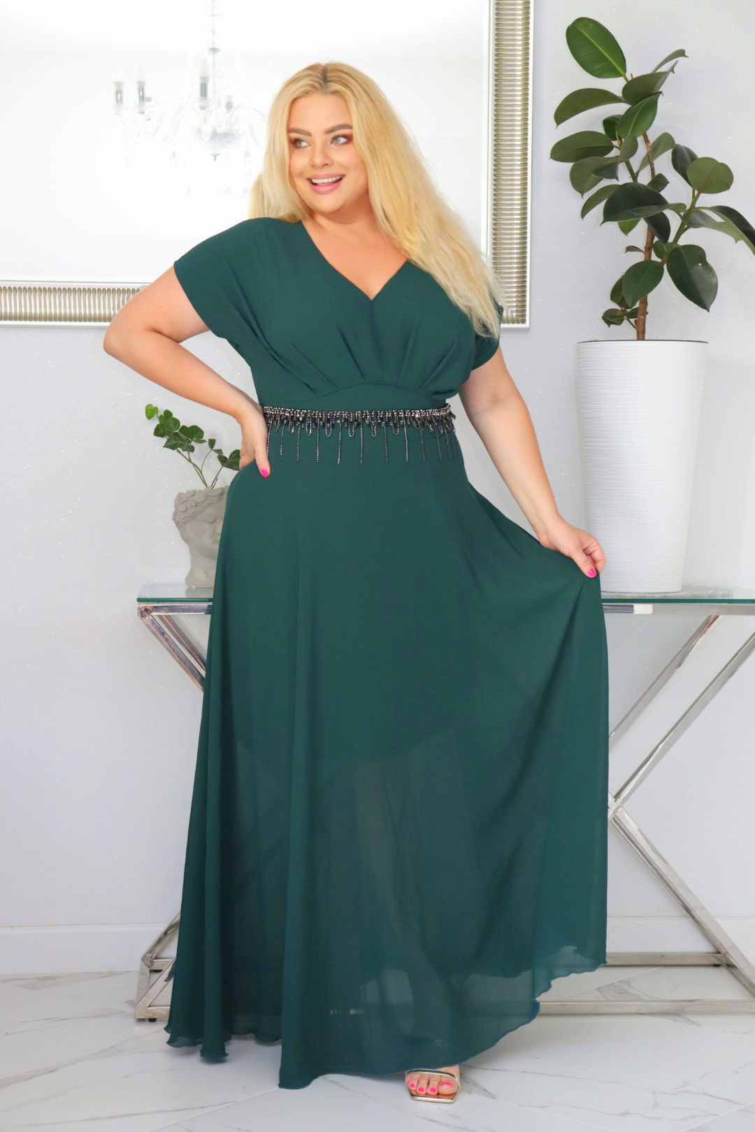 Sukienka MELISA rozkloszowana long wieczorowa dekolt zakładki BUTELKOWA ZIELEŃ - obrazek 4