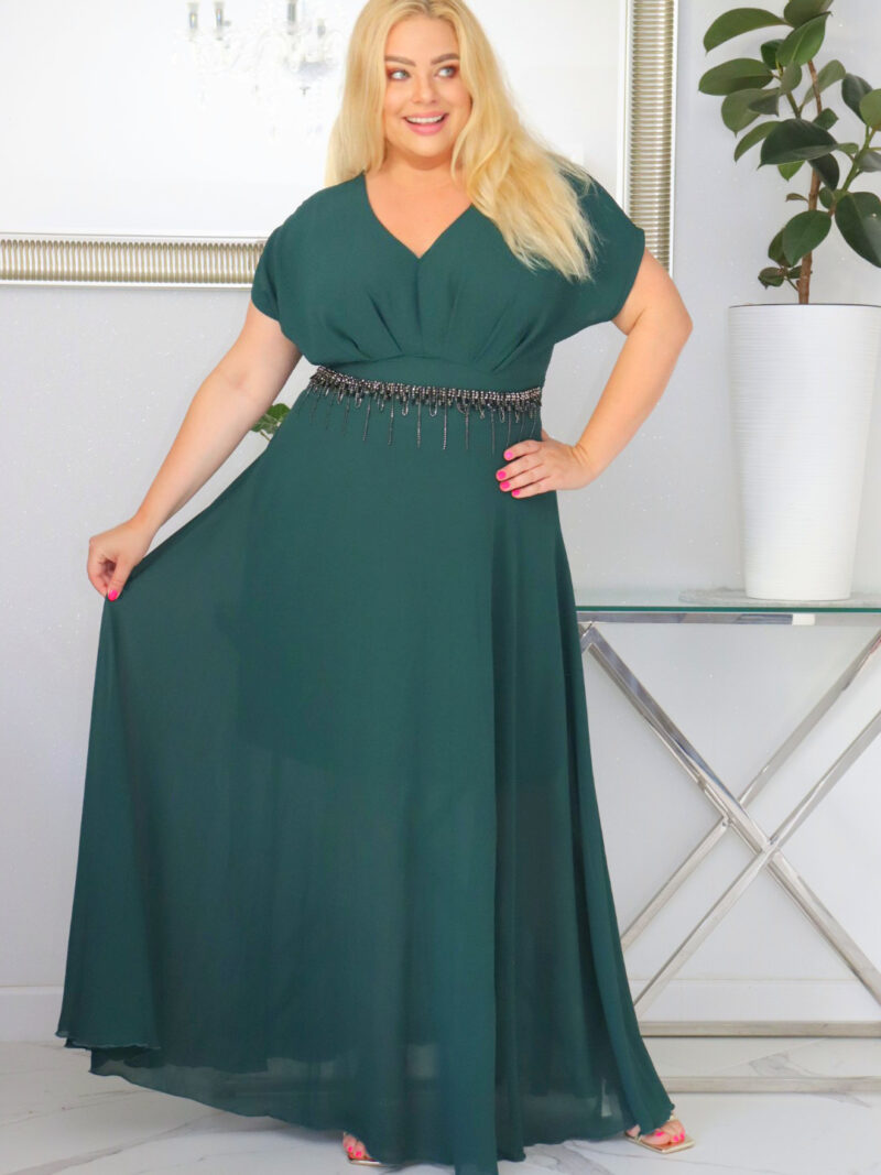 Sukienka MELISA rozkloszowana long wieczorowa dekolt zakładki BUTELKOWA ZIELEŃ