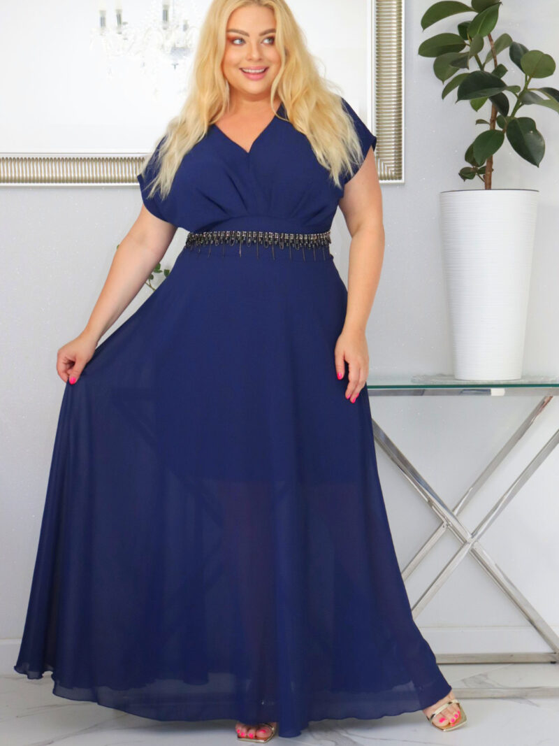 Sukienka MELISA rozkloszowana long wieczorowa dekolt zakładki GRANATOWA