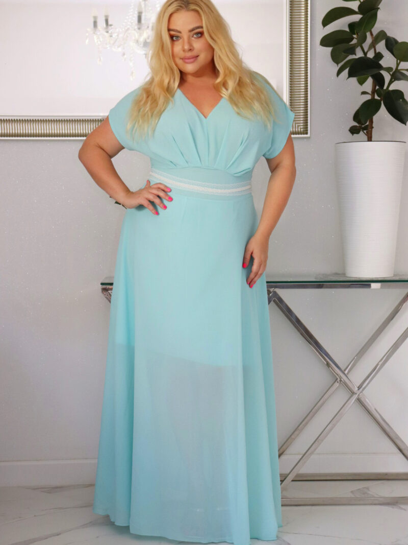 Sukienka MELISA rozkloszowana long wieczorowa dekolt zakładki MIĘTA