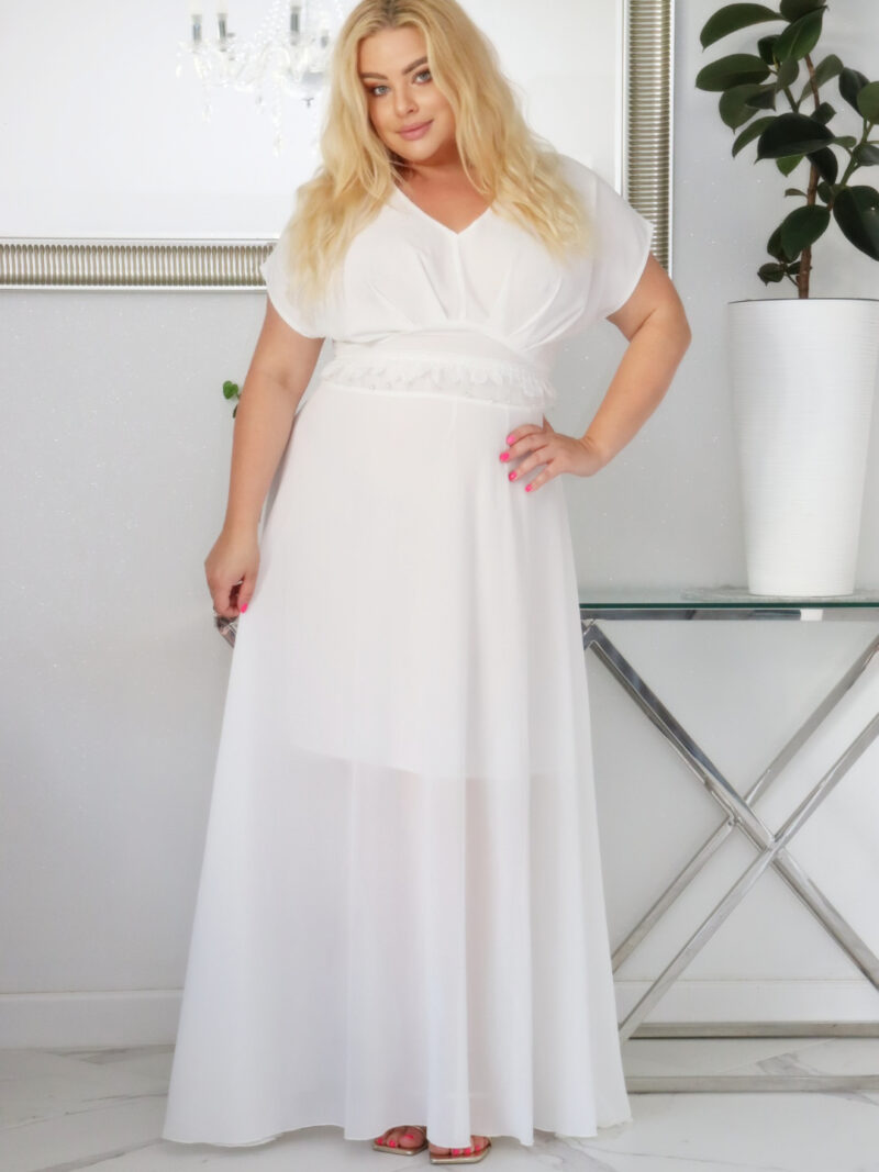 Sukienka MELISA rozkloszowana long wieczorowa dekolt zakładki ECRU BIAŁA