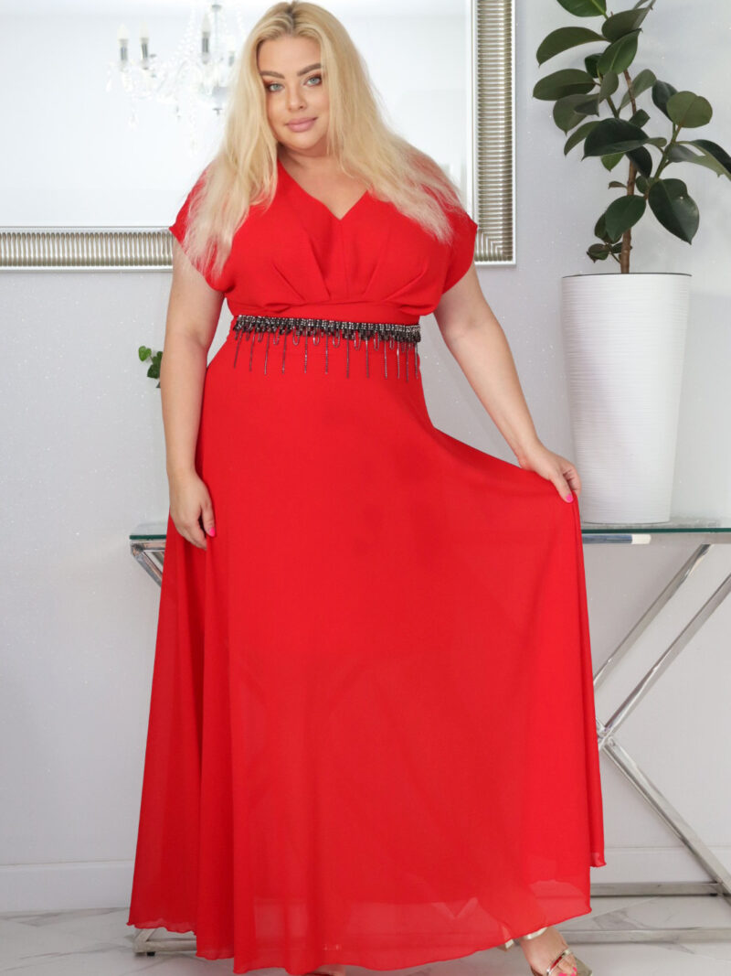 Sukienka MELISA rozkloszowana long wieczorowa dekolt zakładki CZERWONA