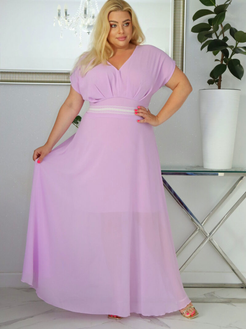 Sukienka MELISA rozkloszowana long wieczorowa dekolt zakładki LILIOWA