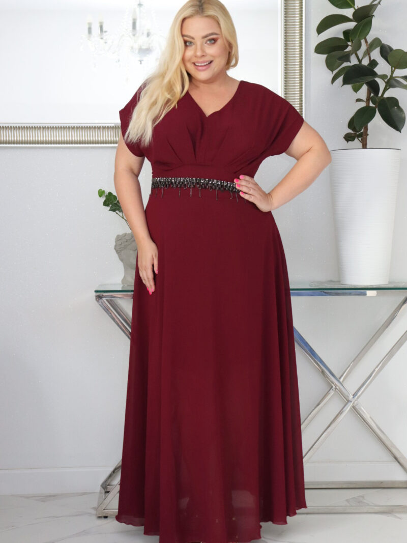 Sukienka MELISA rozkloszowana long wieczorowa dekolt zakładki BORDOWA