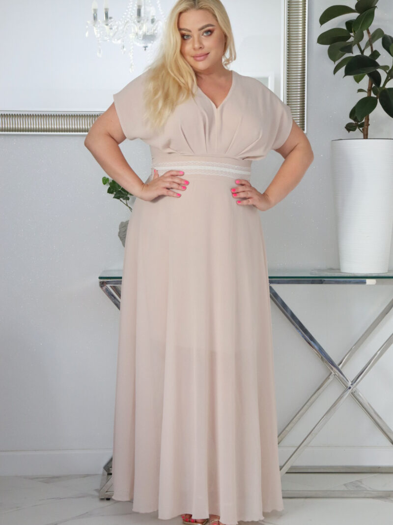 Sukienka MELISA rozkloszowana long wieczorowa dekolt zakładki NUDE