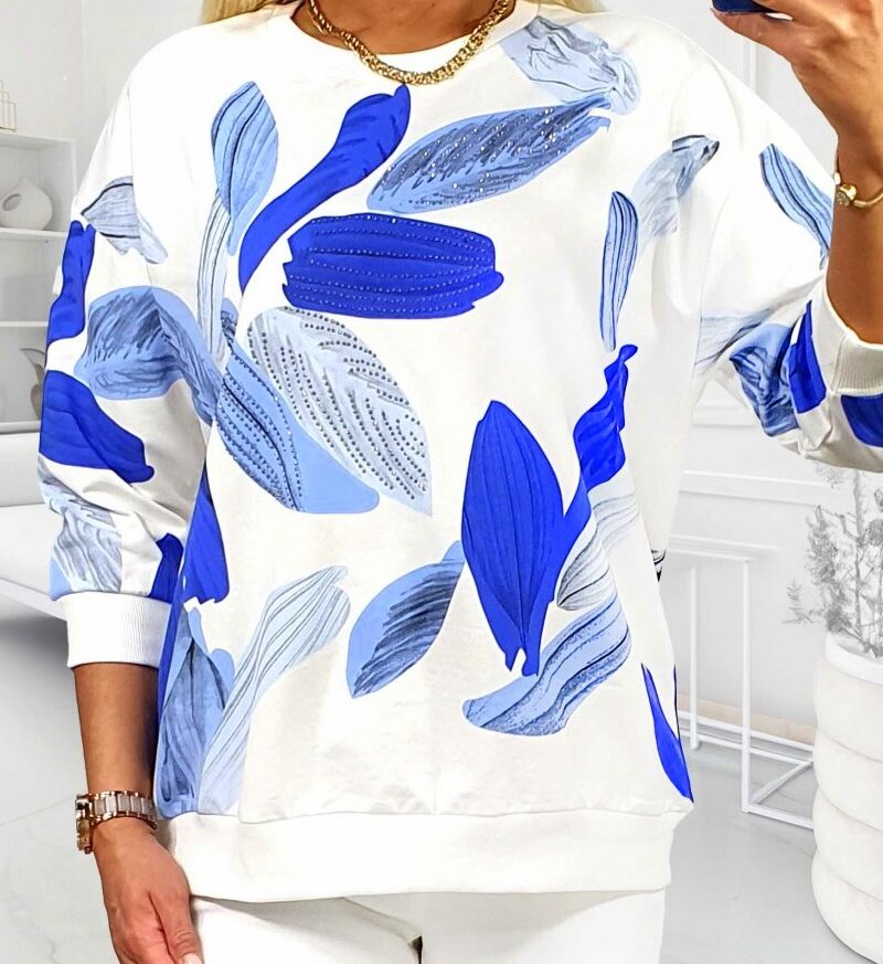 Tunika BLUZA bawełna 100% biała z niebieskimi liściami
