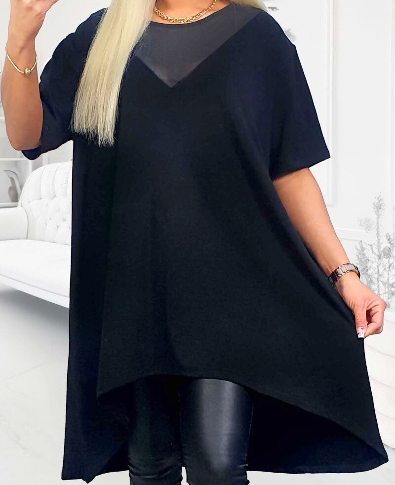 Tunika BLUZA bawełna 100% czarna z siateczkowym dekoltem asymetryczna