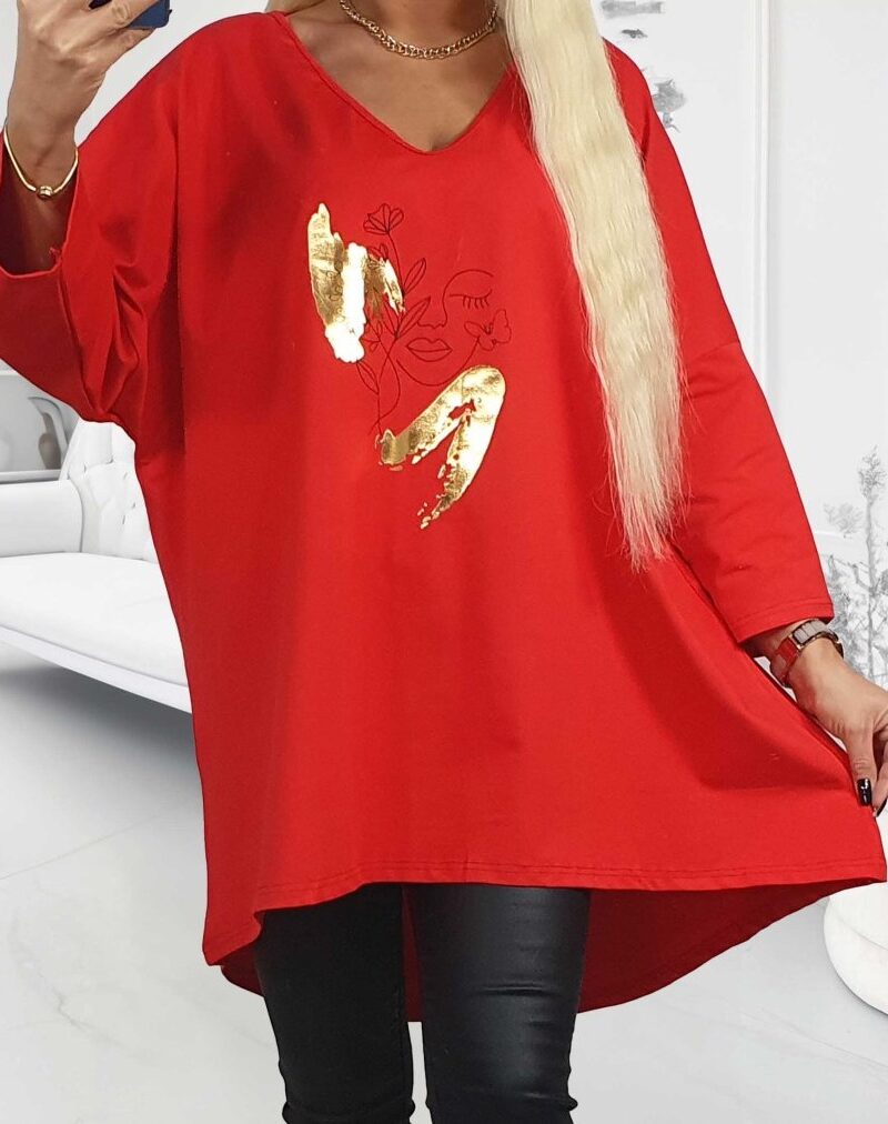Tunika BLUZA bawełna 100% czerwona z zarysem twarzy