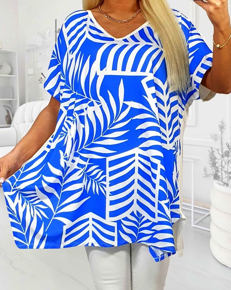 Tunika bluzka wiskoza 100% niebieska w białe palmy