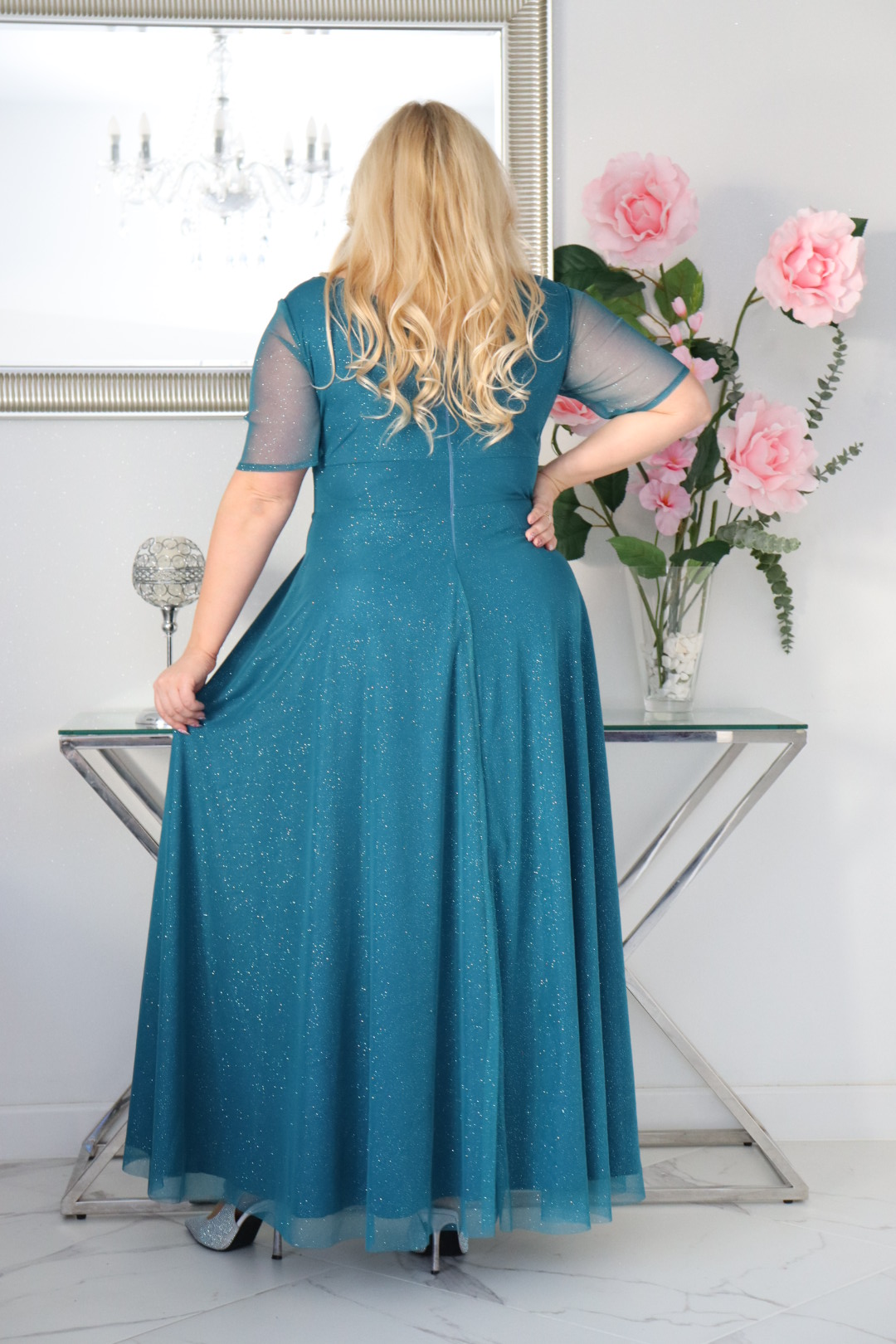 Sukienka Zanzilla z brokatowym tiulem kopertowy dekolt turkusowa - obrazek 6