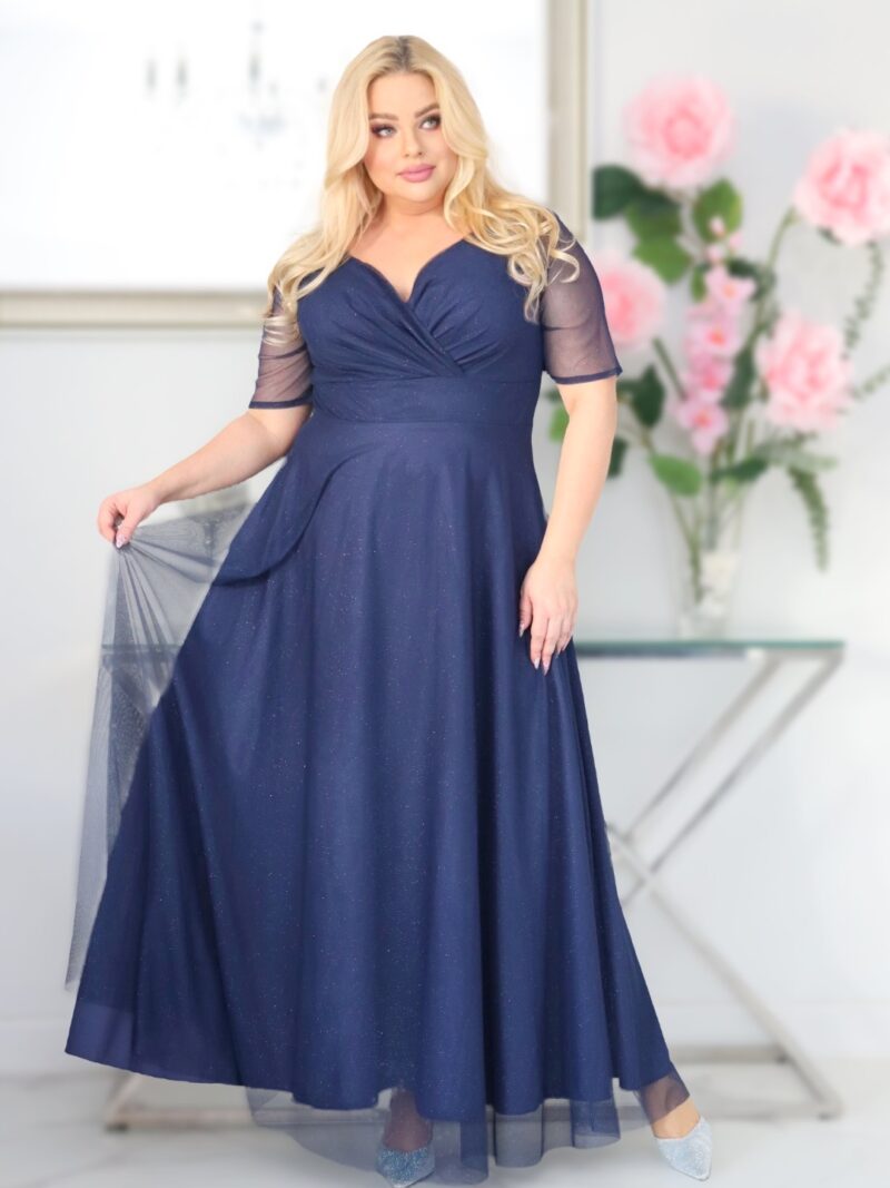 Sukienka Zanzilla z brokatowym tiulem kopertowy dekolt granatowa