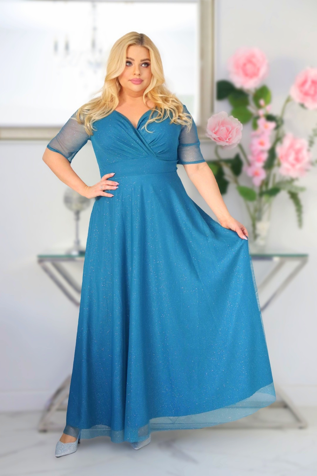 Sukienka Zanzilla z brokatowym tiulem kopertowy dekolt turkusowa - obrazek 3