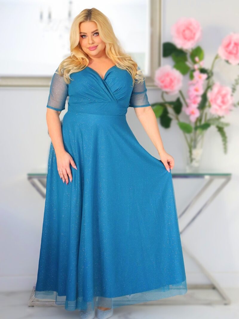 Sukienka Zanzilla z brokatowym tiulem kopertowy dekolt turkusowa