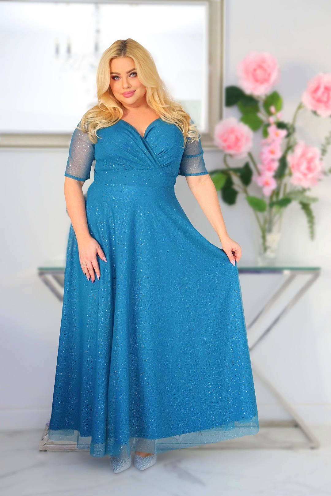 Sukienka Zanzilla z brokatowym tiulem kopertowy dekolt turkusowa