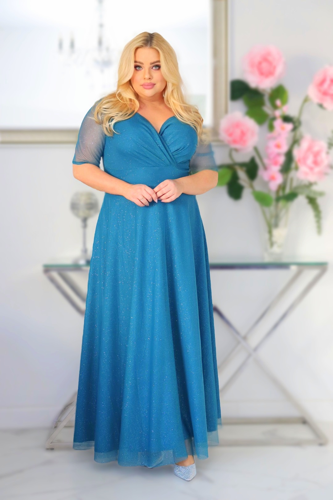 Sukienka Zanzilla z brokatowym tiulem kopertowy dekolt turkusowa - obrazek 4