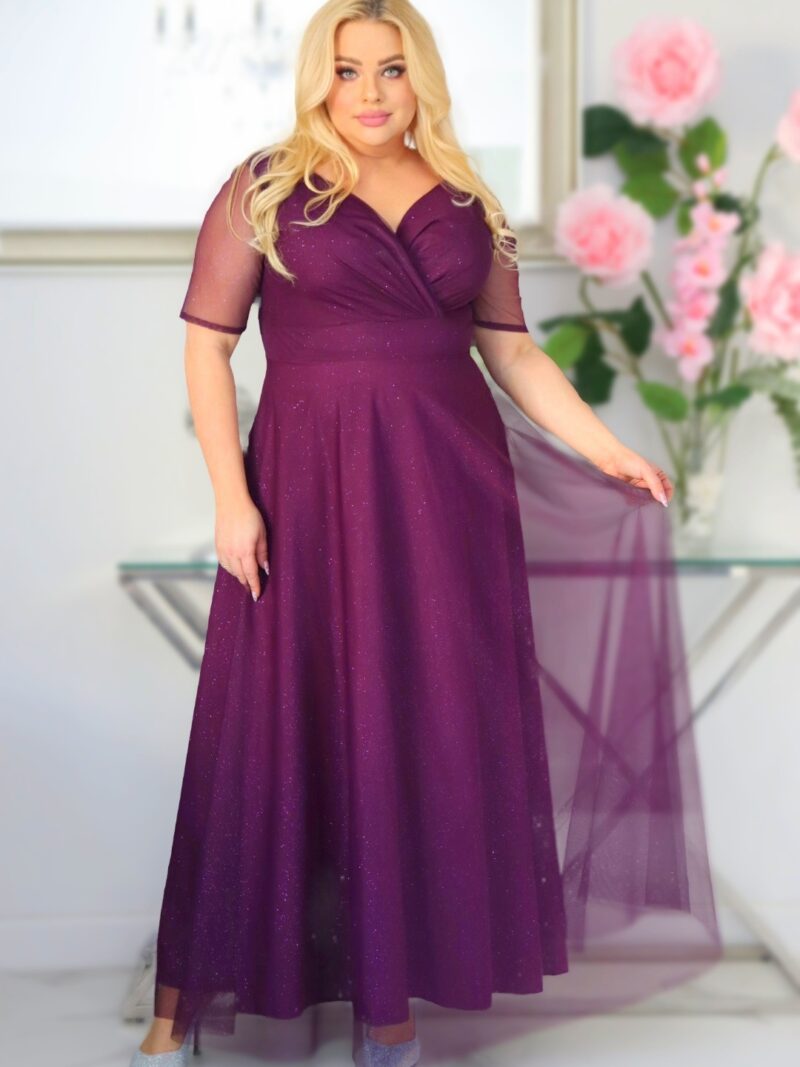 Sukienka Zanzilla z brokatowym tiulem kopertowy dekolt fioletowa