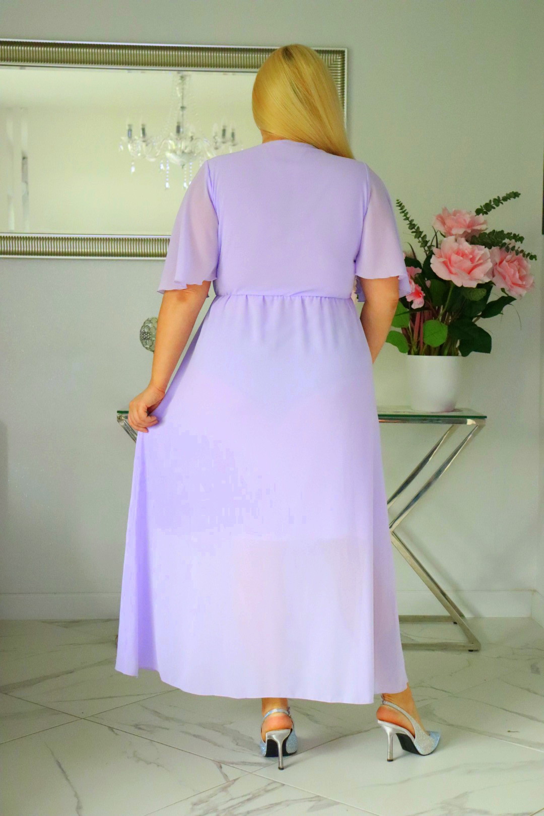 Sukienka MAXI trapezowa Ariel z szyfonu żorżeta liliowa - obrazek 6