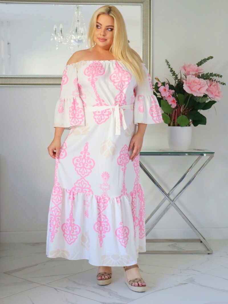 Sukienka SERMINA kolekcja naturalny skład HISZPANKA print ROYALTY z pudrowym różem