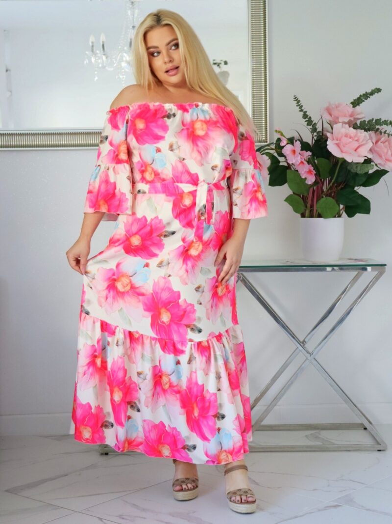 Sukienka SERMINA kolekcja naturalny skład HISZPANKA print fuksjowe kwiaty