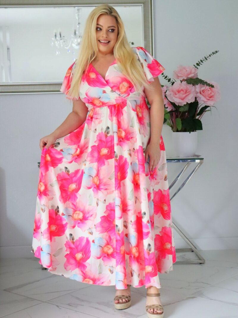 Sukienka NESADINA rozkloszowana kolekcja naturalny skład print fuksjowe kwiaty