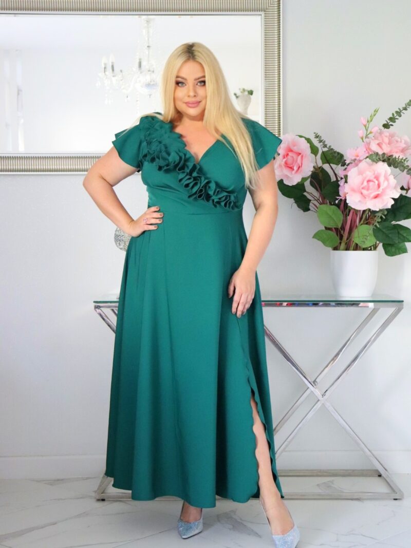 Olśniewająca sukienka "Frezja" z kwiecistą falbaną i rozkloszowanym dołem gwarantuje spektakularny "efekt glamour"! BUTELKOWA ZIELEŃ