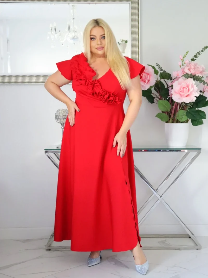 Olśniewająca sukienka "Frezja" z kwiecistą falbaną i rozkloszowanym dołem gwarantuje spektakularny "efekt glamour"! CZERWONA