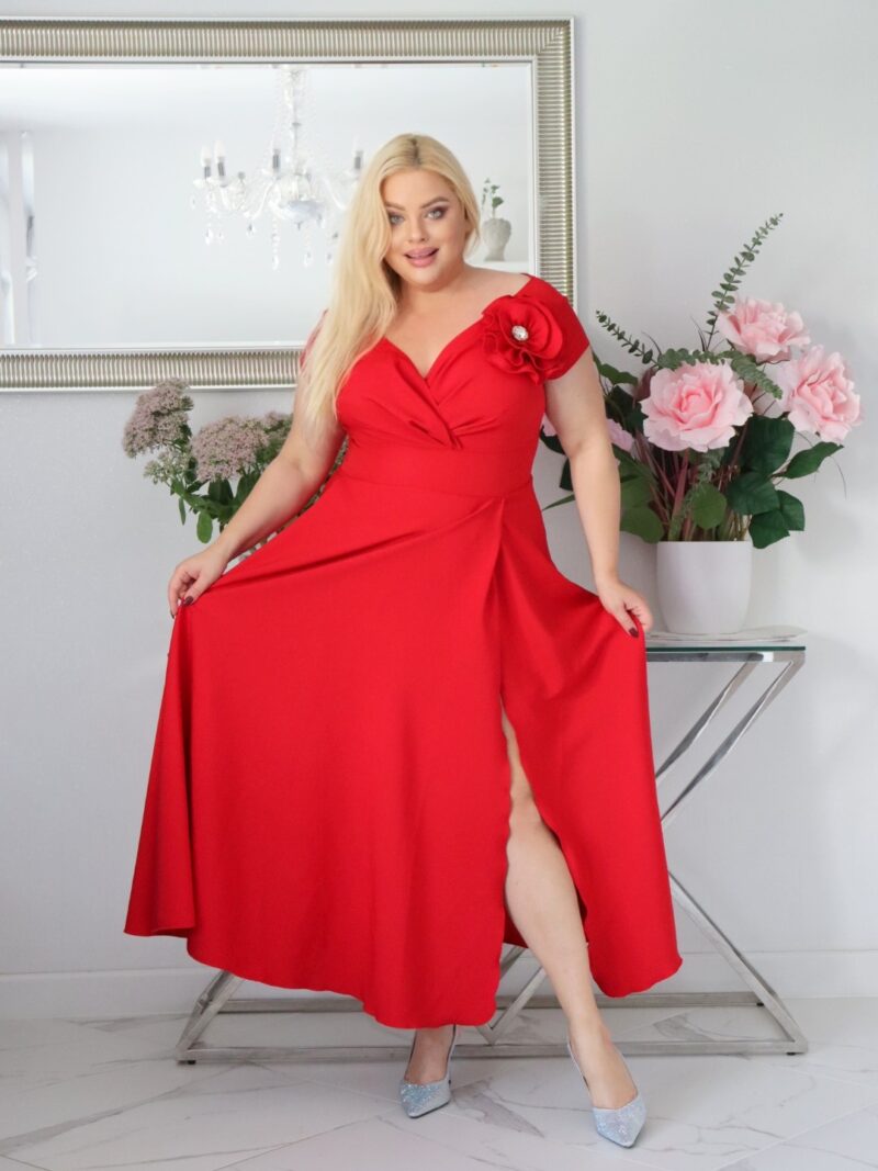 Olśniewająca sukienka Piwonia z wyjątkowym ręcznie szytym kwiatem i cyrkoniową ozdobą! Poczuj się wyjątkowo! Zobacz film jak się układa! CZERWONA