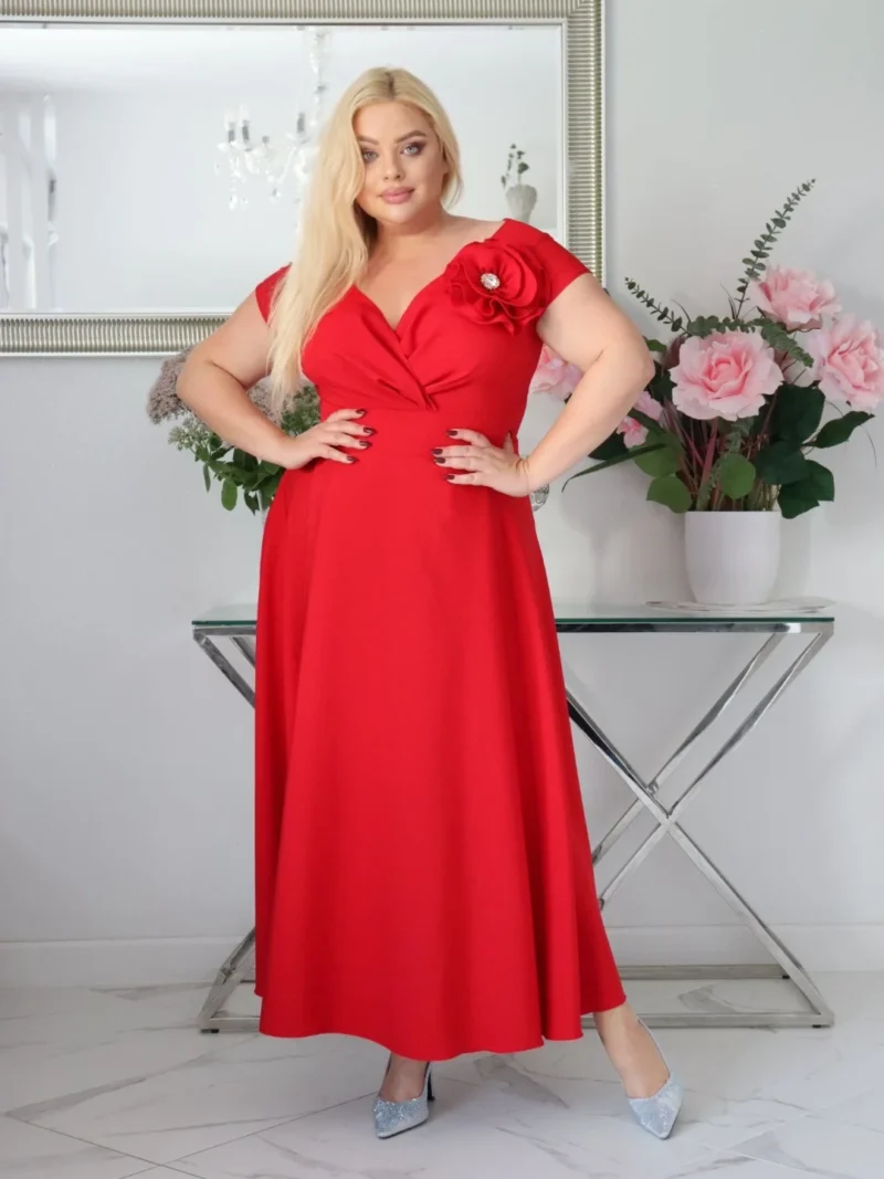 Olśniewająca sukienka Piwonia z wyjątkowym ręcznie szytym kwiatem i cyrkoniową ozdobą! Poczuj się wyjątkowo! Zobacz film jak się układa! CZERWONA