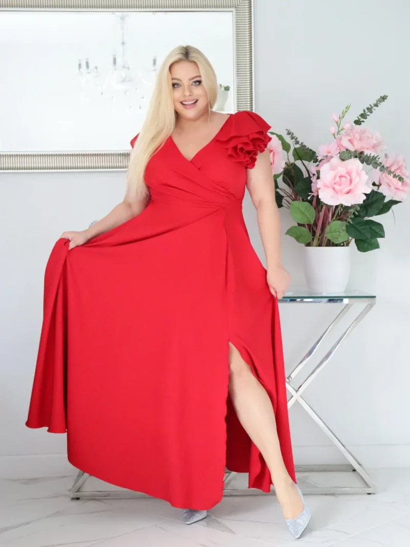 Olśniewająca sukienka "Orchidea" z kwiecistą falbaną i rozkloszowanym dołem gwarantuje spektakularny "efekt glamour"! CZERWONA