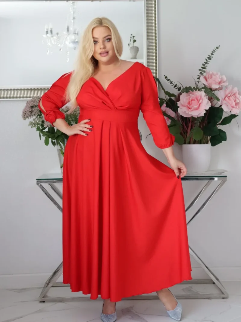 SABRINA: sukienka rozkloszowana Glamour z kopertowym dekoltem i różami 3D. Czerwona.