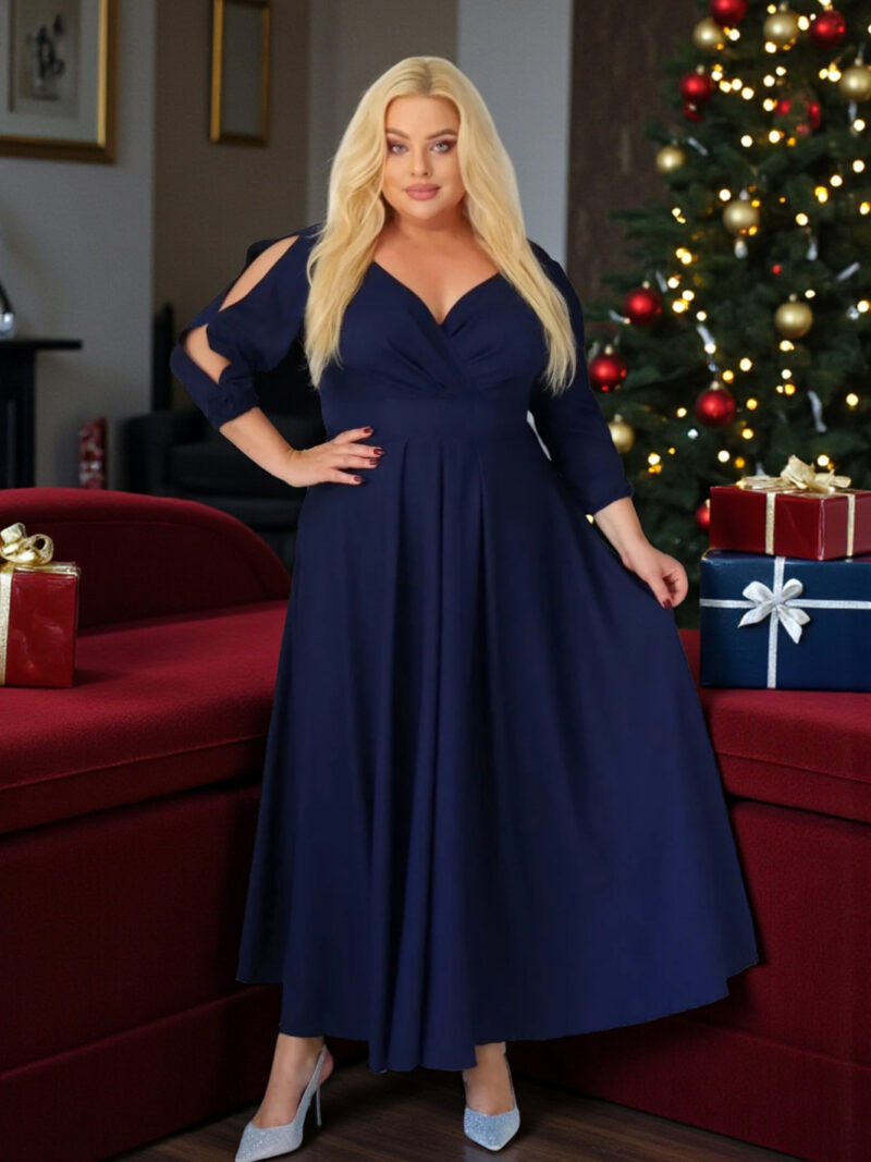 SABRINA: sukienka rozkloszowana Glamour z kopertowym dekoltem i różami 3D. Granatowa.